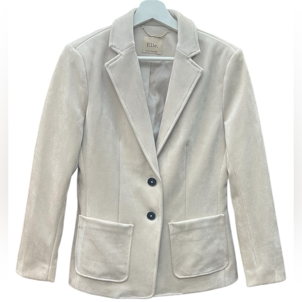 ELIE TAHARI Women’s Classic Two Button Patch Pockets Faux Leather Blazer